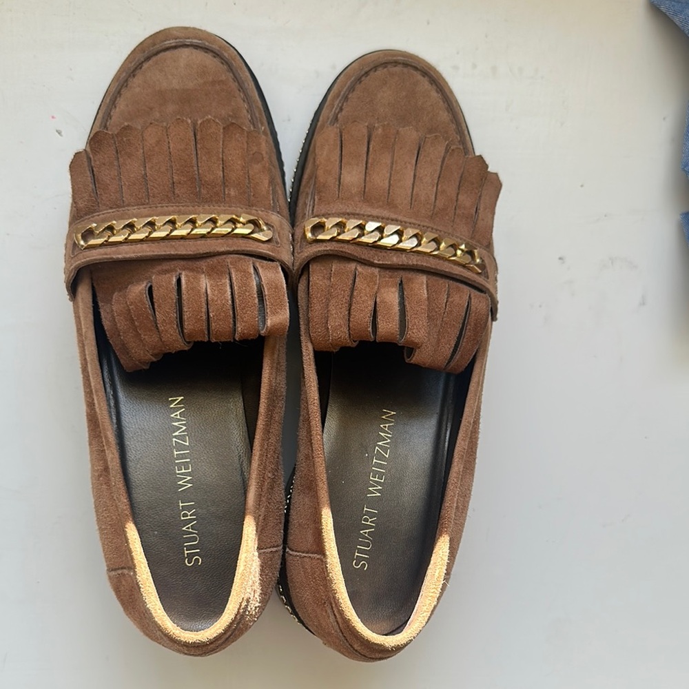 Stuart Weitzman Brown Suede Loafers with Gold Chain
